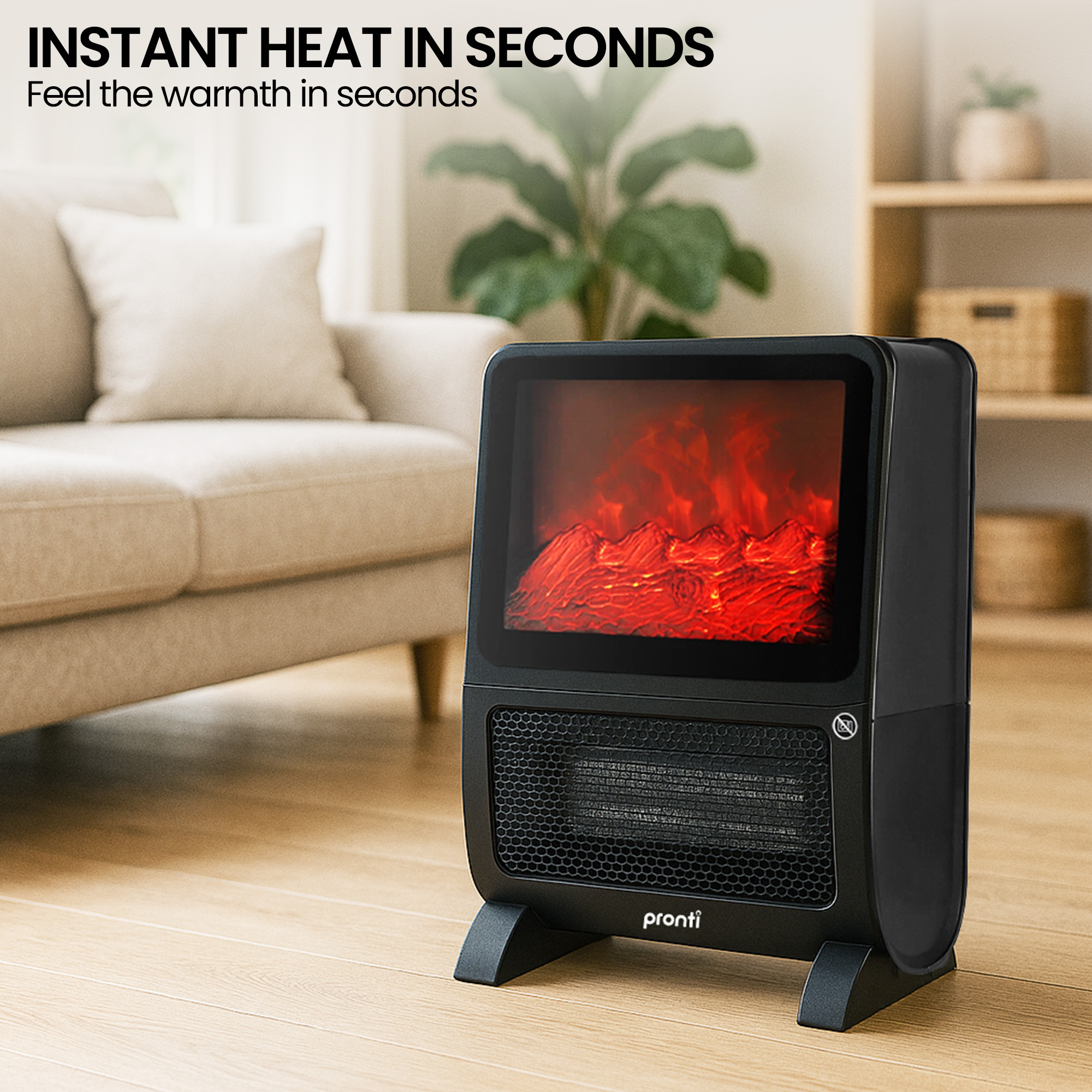 Compact electric heater in cosy living room.