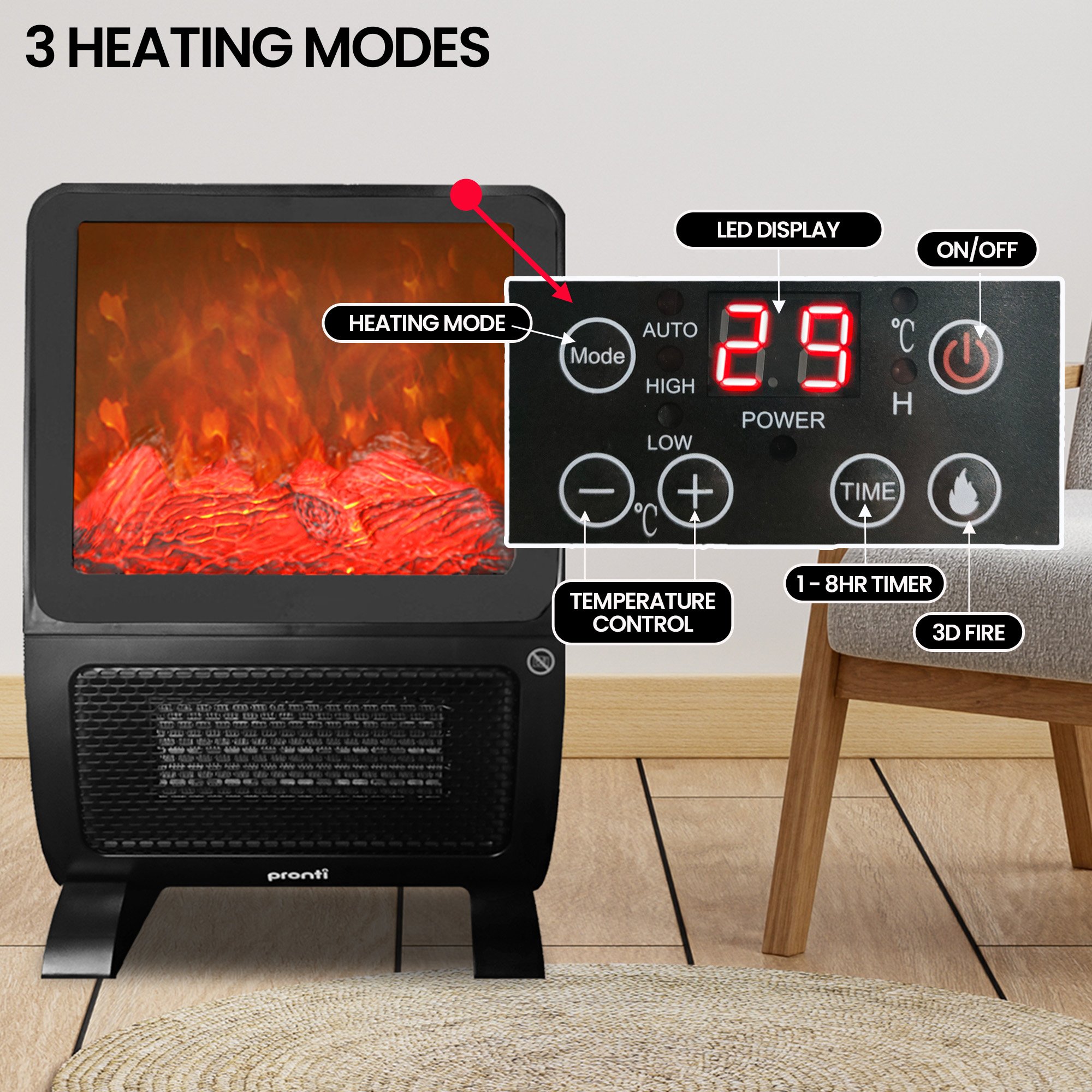 Electric heater with digital temperature control display.