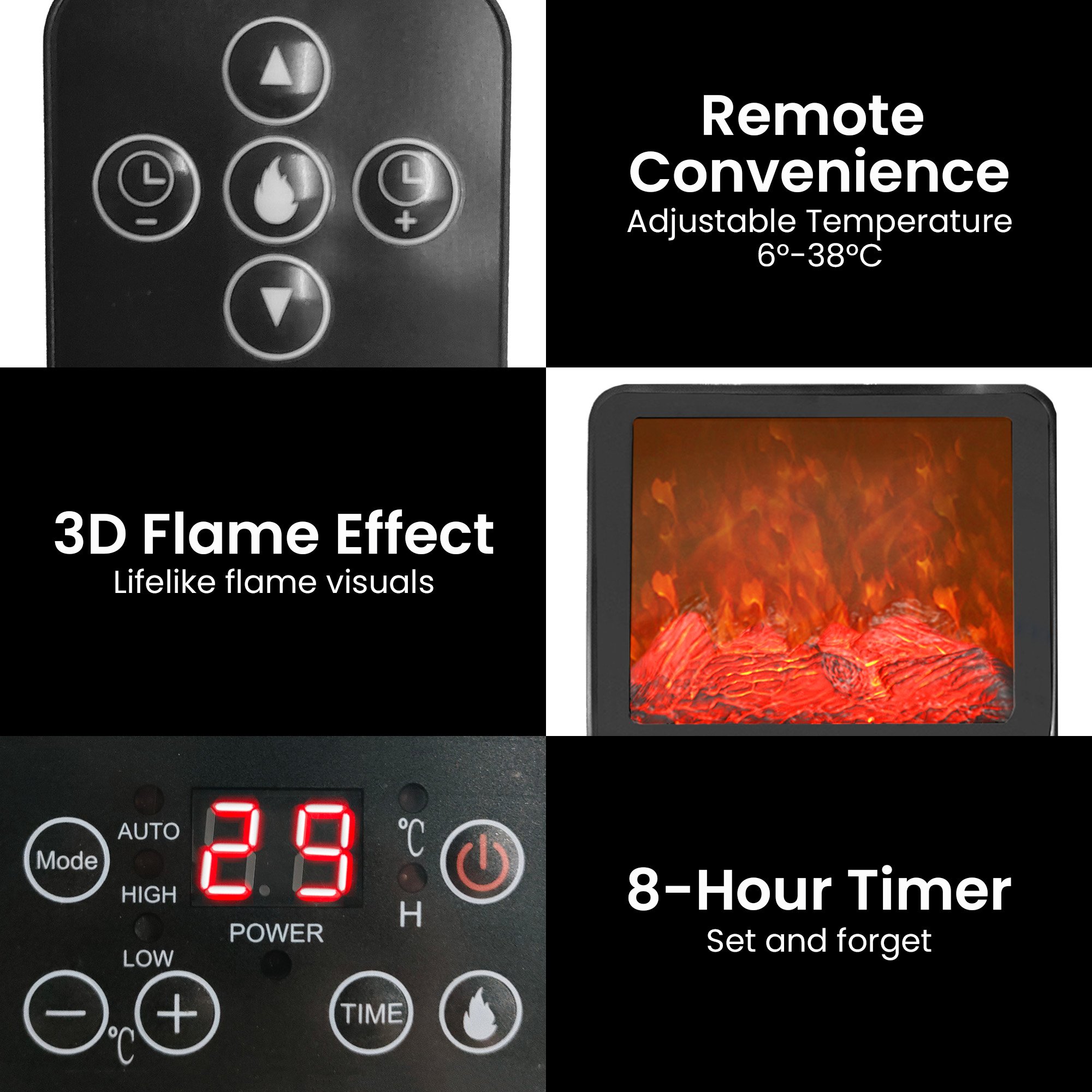 Electric heater with remote, flame effect, 8-hour timer.