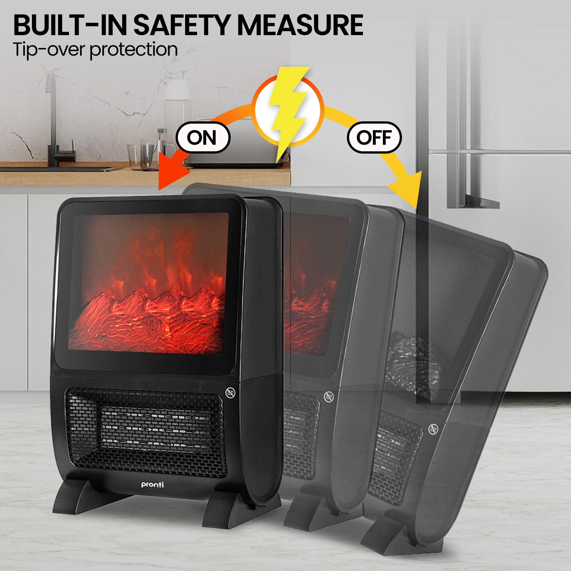 Electric heater with tip-over safety feature.