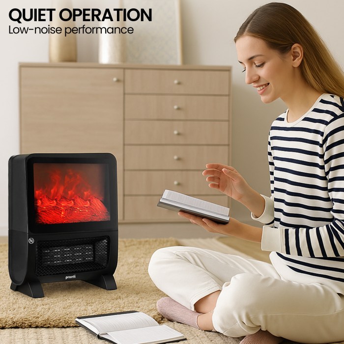 pronti 2000w 3d fire ptc electric portable room heater Woman reading by quiet electric heater indoors.