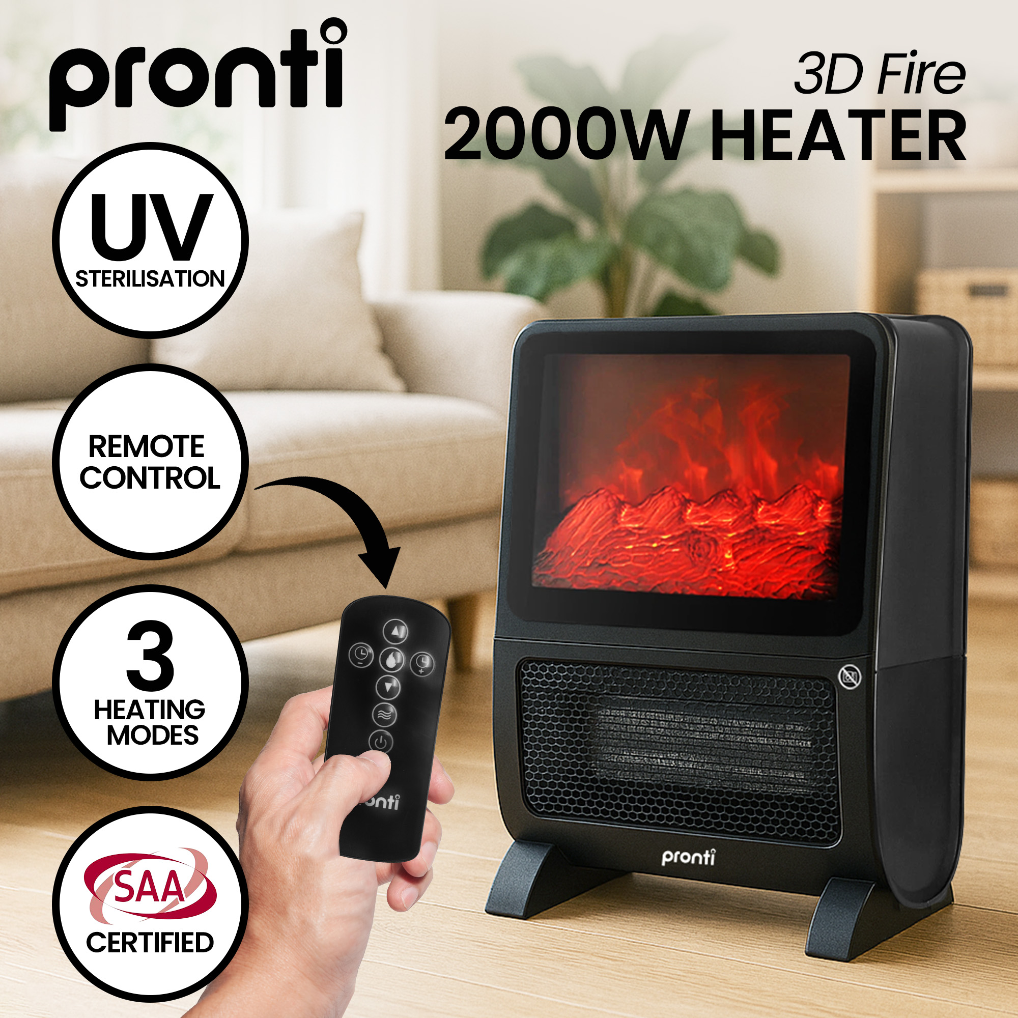 3D fire heater with remote and UV sterilisation.