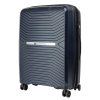 Black suitcase with four wheels and textured design.
