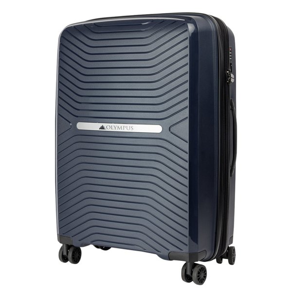 Black suitcase with four wheels and textured design.