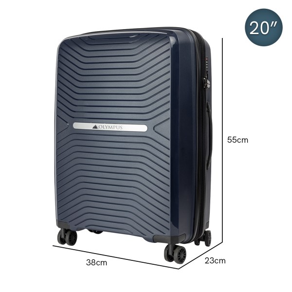 Blue 20-inch wheeled suitcase with dimensions 55cm x 38cm x 23cm.