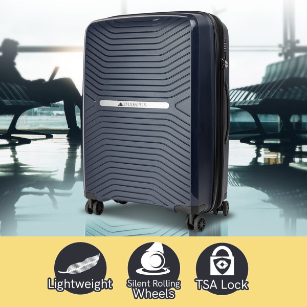 Navy suitcase with wheels, lightweight and TSA lock.