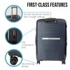 Olympus suitcase with handle, lock, and quiet wheels.