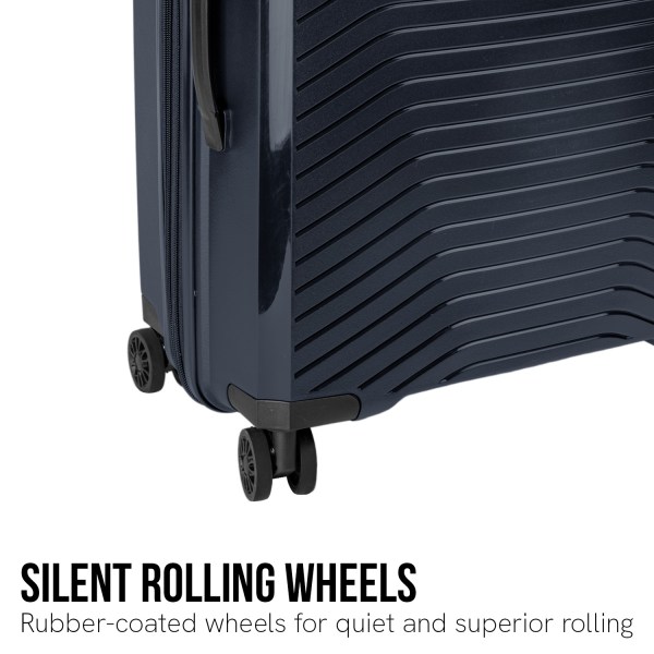Dark suitcase with silent rolling wheels.
