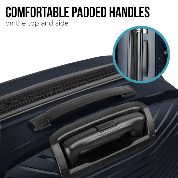 Suitcase with padded handles top and side.