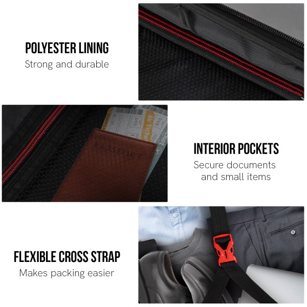 Luggage features: polyester lining, interior pockets, cross strap.