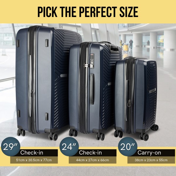 Three different suitcase sizes for travel.