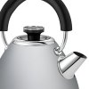 Stylish silver kettle with black handle and spout.