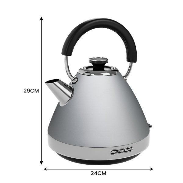 Silver electric kettle with measurements labelled.