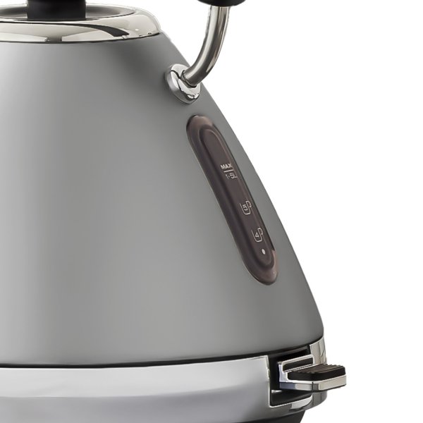 Stylish grey electric kettle with water level indicator.