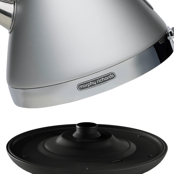 Silver kettle with black base, Morphy Richards logo.