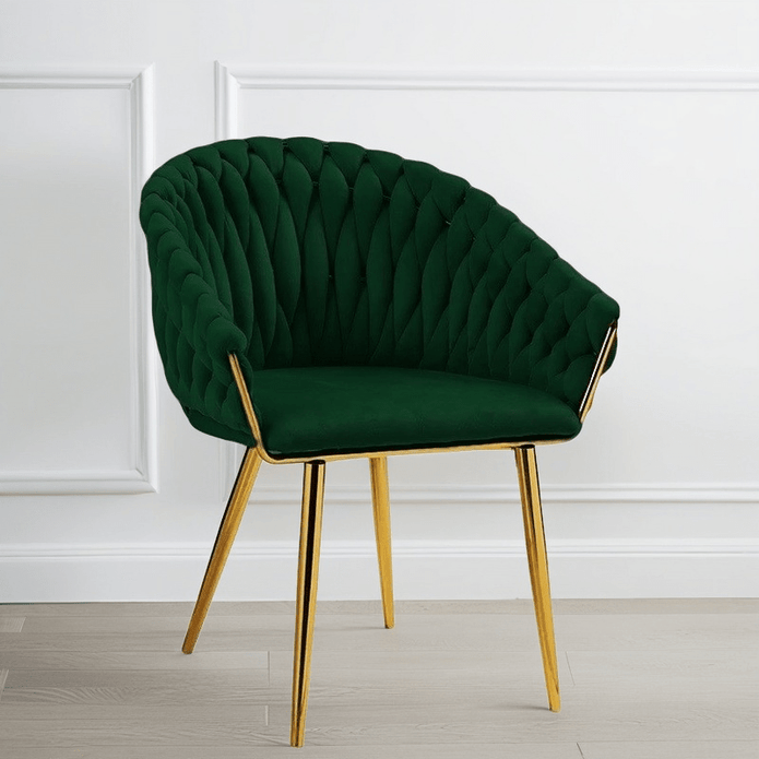serenità emerald green modern velvet dining chairs, upholstered living room chair with woven back and golden metal legs, mid century accent set of 2(green)