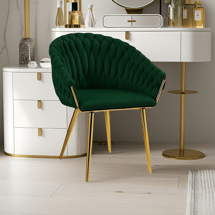 serenità emerald green modern velvet dining chairs, upholstered living room chair with woven back and golden metal legs, mid century accent set of 2(green)