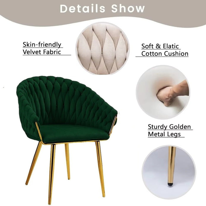 serenità emerald green modern velvet dining chairs, upholstered living room chair with woven back and golden metal legs, mid century accent set of 2(green)