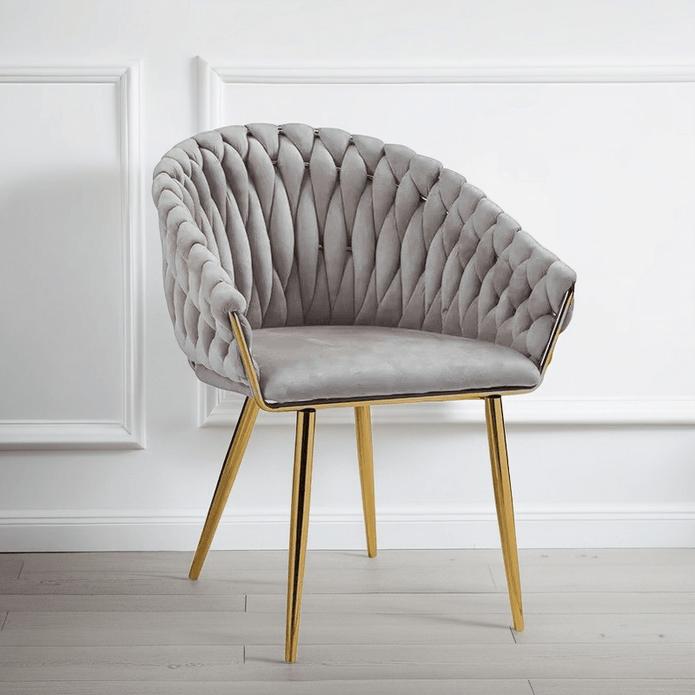 serenità grey modern velvet dining chairs, upholstered living room chair with woven back and golden metal legs, mid century accent set of 2(grey)