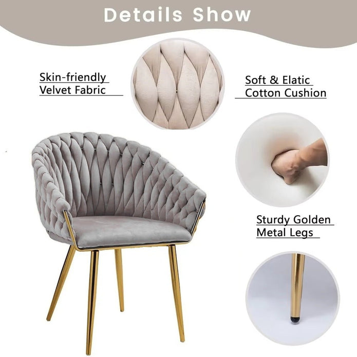 serenità grey modern velvet dining chairs, upholstered living room chair with woven back and golden metal legs, mid century accent set of 2(grey)