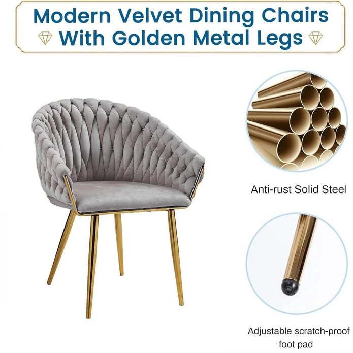 serenità grey modern velvet dining chairs, upholstered living room chair with woven back and golden metal legs, mid century accent set of 2(grey)