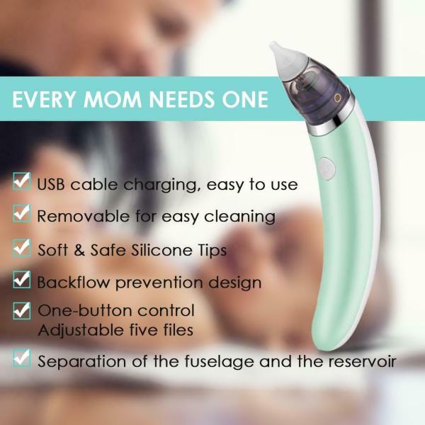 baby nasal aspirator electric safe hygienic nose cleaner snot sucker for baby (green) Baby nasal aspirator with silicone tips and USB charging.