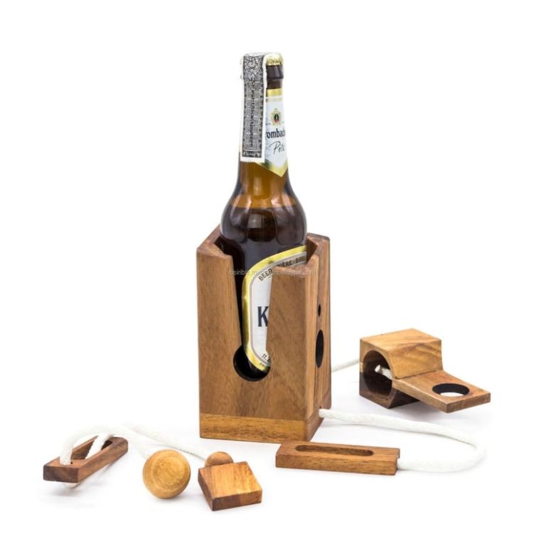 Wooden puzzle with beer bottle display