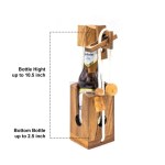 Wooden bottle lock puzzle, dimensions displayed.