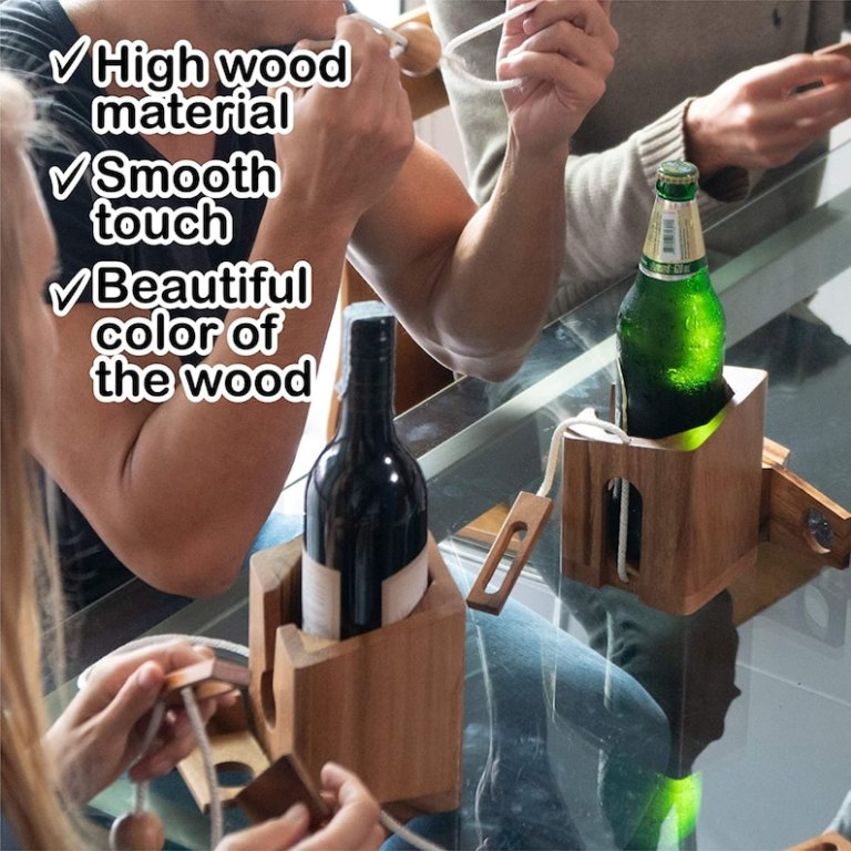 Wood drink holders with wine, beer at social gathering.