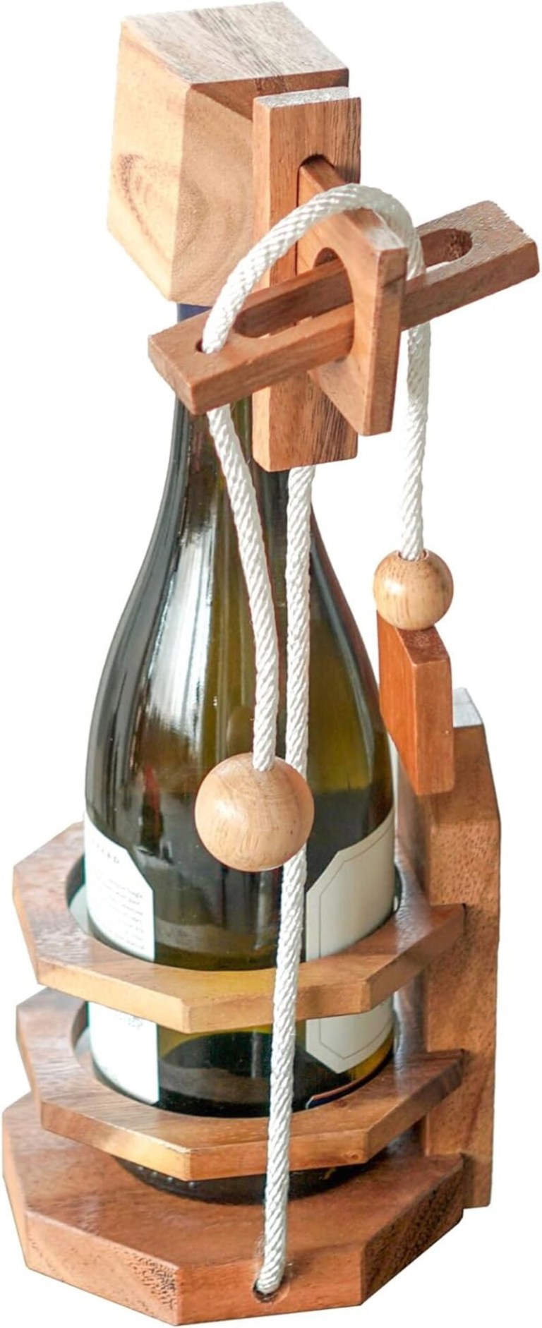 wine stopper lock puzzle party puzzle cant drink it until you crack the lock party fun Wooden puzzle wine bottle holder with rope design.