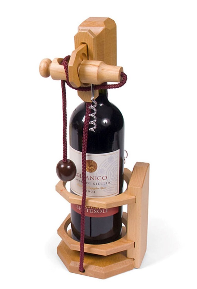 wine stopper lock puzzle party puzzle cant drink it until you crack the lock party fun Wine bottle in wooden puzzle holder.