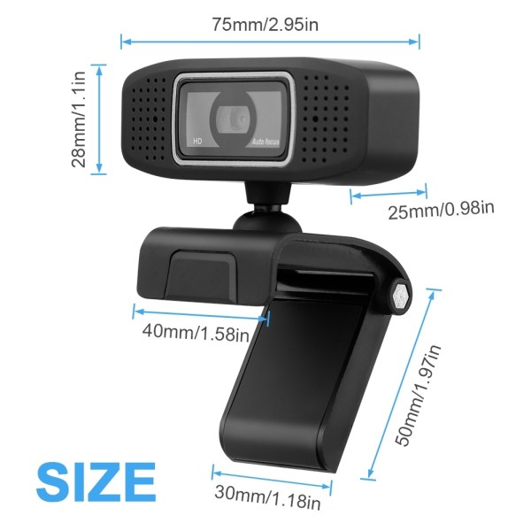HD webcam dimensions and measurements in millimetres and inches.