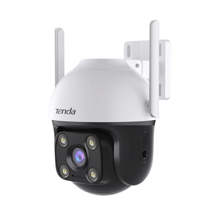 Outdoor security camera with antennas and wall mount.