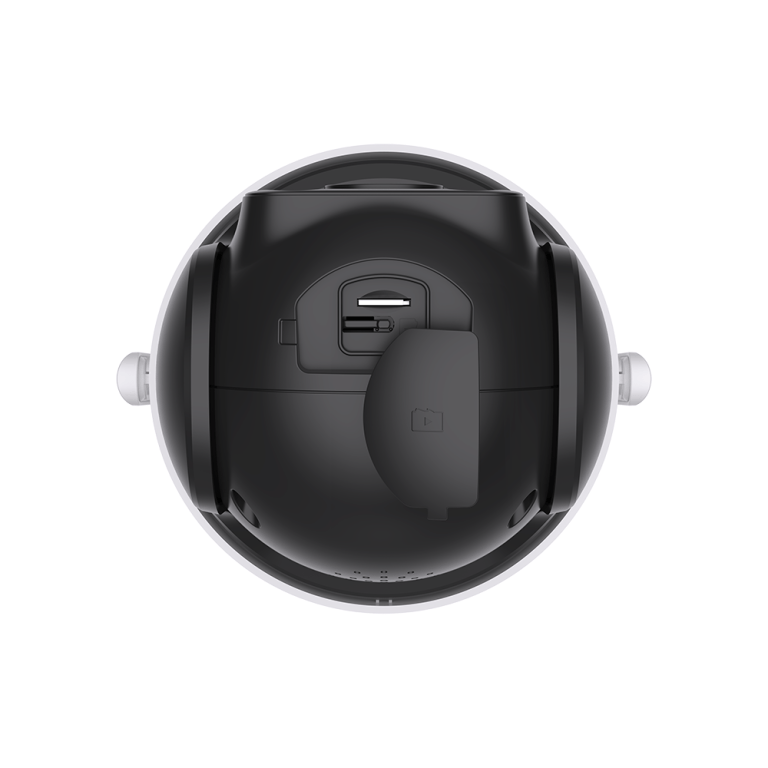 Top view of black dome security camera.