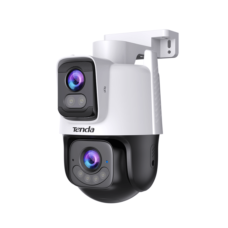 Outdoor security camera with dual lenses.