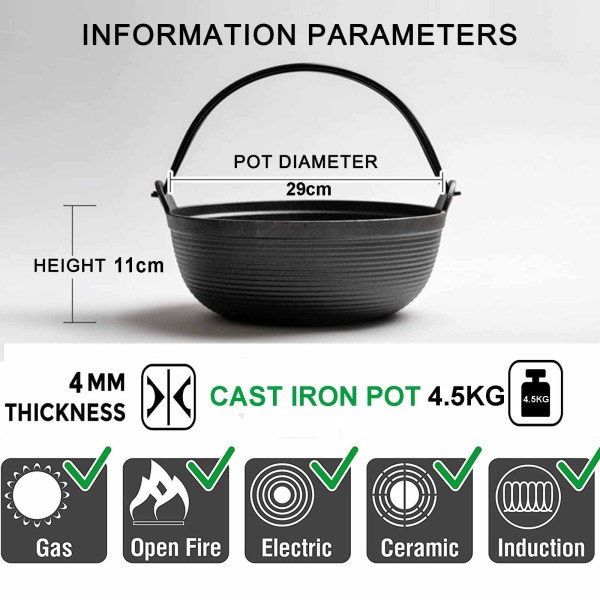 29cm cast iron sukiyaki iron pot japanese shabu shabu pot pan stockpot wooden lid home camping picnic Cast iron pot dimensions and cooking compatibility.
