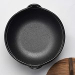 29cm cast iron sukiyaki iron pot japanese shabu shabu pot pan stockpot wooden lid home camping picnic Cast iron pot with wooden lid on white background.