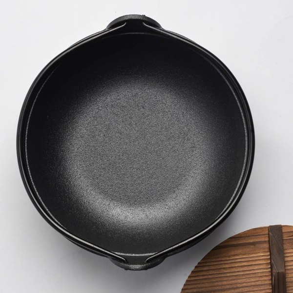 29cm cast iron sukiyaki iron pot japanese shabu shabu pot pan stockpot wooden lid home camping picnic Cast iron pot with wooden lid on white background.