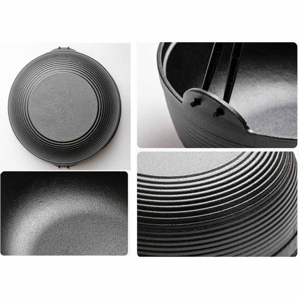 29cm cast iron sukiyaki iron pot japanese shabu shabu pot pan stockpot wooden lid home camping picnic Black ridged cast iron cookware close-up details.
