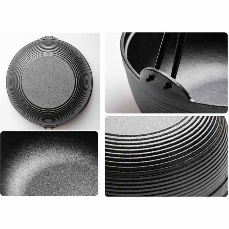 29cm cast iron sukiyaki iron pot japanese shabu shabu pot pan stockpot wooden lid home camping picnic Black ridged cast iron cookware close-up details.