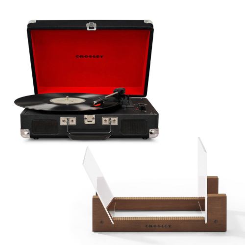 Crosley turntable with vinyl record and wooden record stand.