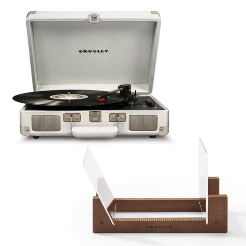 Portable record player and wooden vinyl stand displayed.