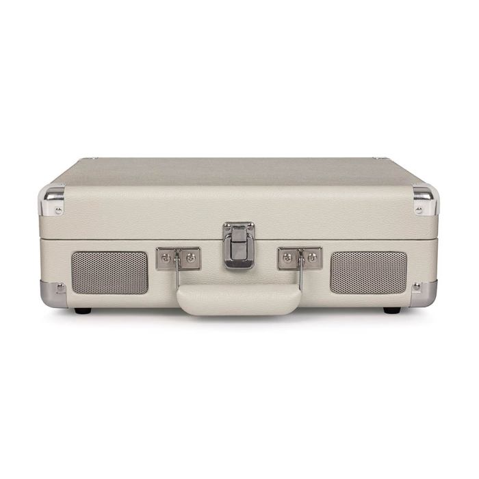 White vintage suitcase with silver accents closed