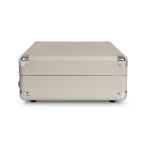 crosley cruiser bluetooth portable turntable white sands + bundled crosley record storage display stand Beige travel case with metal corners closed view.
