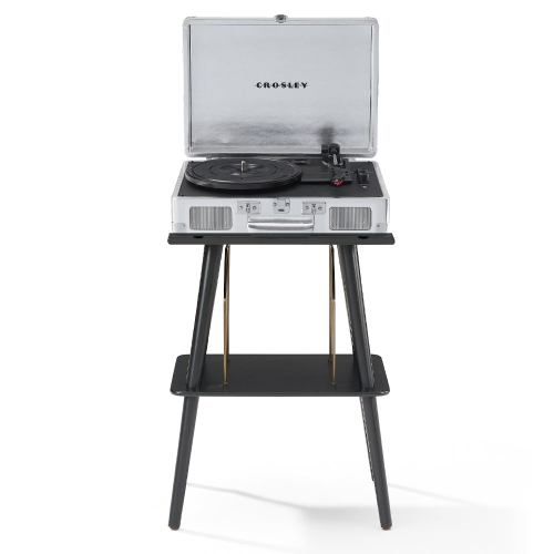 Retro record player on stand with open lid.