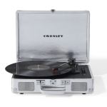 crosley cruiser bluetooth portable turntable silver + crosley entertainment stand bundle Crosley portable record player playing vinyl record.
