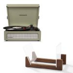 Crosley record player and vinyl holder on display.