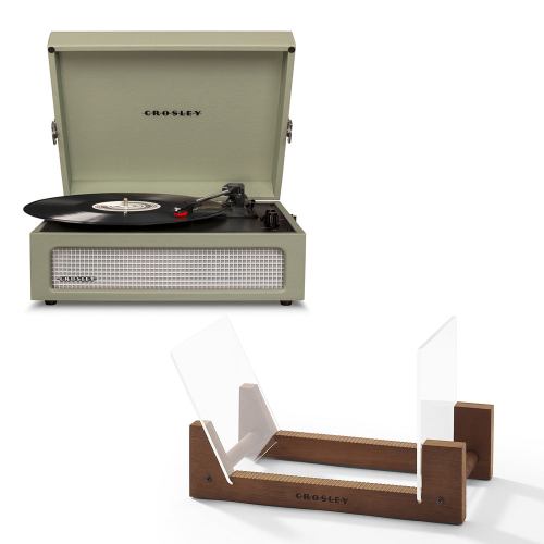 Crosley record player and vinyl holder on display.