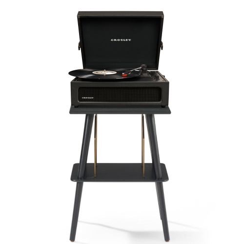 Crosley turntable with vinyl record on stand.
