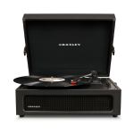 crosley voyager bluetooth portable turntable + entertainment stand bundle black Crosley record player with vinyl playing music.